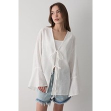 Jaste Kadın Yarasa Kol Çift Bağlamalı Kimono %100 Pamuk EKRU