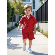 V Yaka Gömlek Detaylı Pamuklu Waffle Şort Takım-Kırmızı