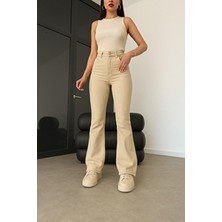 Kadın Yüksek Bel Bej Ispanyol Paça Flare Jeans Kot Pantolon