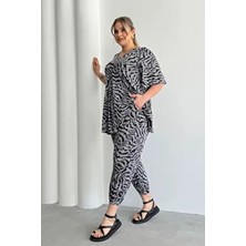 Stil Diva Büyük Beden Kadın Desenli Şalvar Pantolon 99-3 Lastikli Cepli Gri Dokuma Model