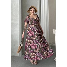 Stil Diva Kısa Kollu Çiçek Desenli Büyük Beden Maxi Elbise 74-80 Prenses Yaka Özel Olay İçin