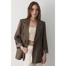 Jaste Kadın Çizgili İçi Astarlı Kol Detaylı Blazer Ceket KAHVERENGİ