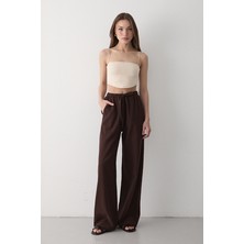 Jaste Kadın Beli Lastikli Bol Paça Palazzo Keten Pantolon KAHVERENGİ