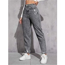 Noxter Kadın Denim Pantolon Yıpratmalı Regular Boy 5 Cep ile İlkbahar - Sonbahar Modası