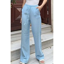 la & vetta Bebe Mavisi Bol Kesim Pantolon Kadın Günlük Kullanım İçin Keten Karışımlı İnce Kumaş