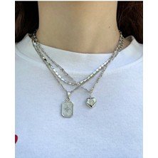 Kadın Gümüş Renk 3 Adet Mineli Kalp Zincir Kolye Seti