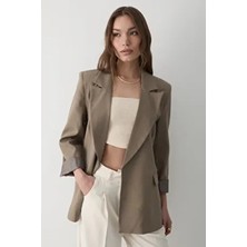 Jaste Kadın Çizgili İçi Astarlı Kol Detaylı Blazer Ceket HAKİ