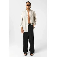Bel Lastikli Baggy Fit Keten Pantolon Siyah