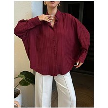 Minaaise Esta Oversize Kadın Gömlek Bordo Pamuk Karışımlı Trend Düz Desenli