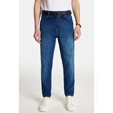 Erkek Relax Fit Geniş Kesim Boru Paça Yıkamalı Taşlamalı Boyfriend Esnek Lacivert Jean Kot Pantolon