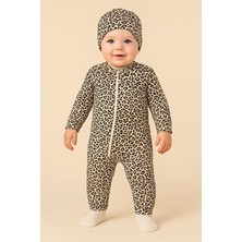 Kız Bebek Tulumu Leopar Desenli Pamuklu ve Fermuarlı Şapka Hediyeli Uzun Kollu Bebek Tulumu 3-12 Ay