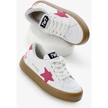 Çocuk Unisex Beyaz Fuşya Termo Taban Yıldız Detaylı Bağcıklı ve Cırtlı Spor Ayakkabı