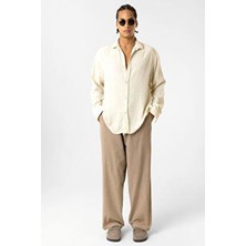 Bel Lastikli Baggy Fit Keten Pantolon Açık Kahve