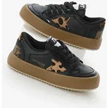 Çocuk Unisex Siyah Leopar Termo Taban Yıldız Detaylı Bağcıklı ve Cırtlı Spor Ayakkabı