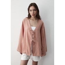 Jaste %100 Pamuk Kadın Yarasa Kol Kimono Uzun Kollu Düz Desenli Çift Bağlamalı Oversize