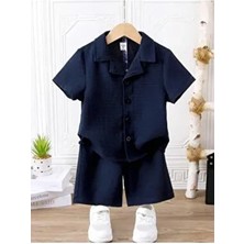 Bubito Lacivert V Yaka Gömlek Detaylı Pamuklu Waffle Şort Takım Erkek 1 Yaş Özel Olay İçin Rahat