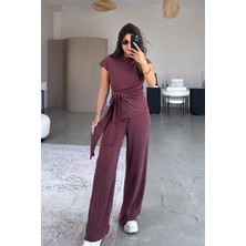 Paw Garage Kadın Sienna Bordo Bağlama Detaylı Krinkıl Kumaş Bluz Pantolon Takım Yaz Temalı Şık Tasarım