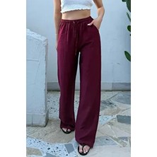 Bordo Keten Karışımlı Bol Kesim Pantolon