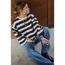 Madmext Kadın Lacivert Çizgili Uzun Kollu Tişört %100 Pamuklu Bisiklet Yaka Casual Stil