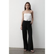 Jaste Kadın Beli Lastikli Bol Paça Palazzo Keten Pantolon SİYAH
