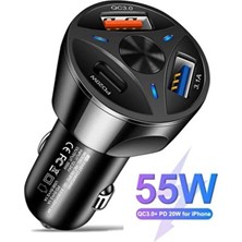 Huawei Samsung Redmi Mi iPhone Telefon Uyumlu Type-C ve USB Girişli Araç Çakmaklık Şarj Aleti 55W
