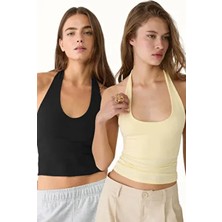Siyah Tereyağı Sarı 2'li %95 Pamuk Halter Yaka Çift Kat Crop Top Body