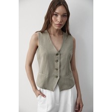 Jaste Kadın Haki Düğme Detaylı Keten Yelek Regular Fit Basic Stil Kolsuz Tasarım