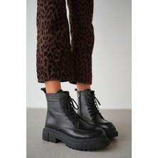 Anemon Hakiki Deri Yuvarlak Burunlu Kısa Bot- Siyah