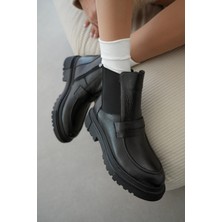 Viyola Hakiki Deri  Lastikli Kemer Detaylı Kadın Bot- Siyah Deri