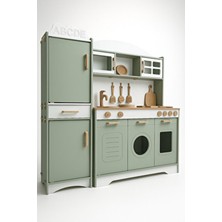 Ihlamur Yeşili Ahşap Oyuncak Mutfak Seti | 12 Parça Aksesuar Hediyeli | LED Işıklı–montessori Uyumlu