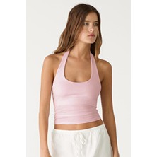 Açık Pembe %95 Pamuk Halter Yaka Çift Kat Crop Top Body