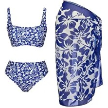 Sailor Moda Çiçek Desenli Dokuma Pareolu Straplez Askılı Bikini Takım Kadın