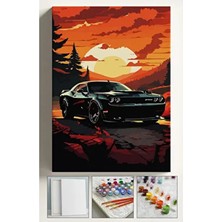Corvo Siyah Dodge Araba Temalı Sayılarla Boyama Seti 40X50 cm Kasnaklı Tuval Fırça ve Boya Seti