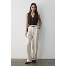 Jaste Kadın Keten Örgü Kemerli Beli Lastikli Yüksel Bel Palazzo Pantolon BEJ