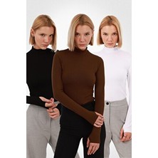 Kadın Siyah Beyaz Kahverengi 3'lü Parmak Detaylı Body Set