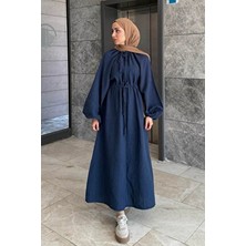 Lamelif Balon Kol Bağlamalı Tesettür Elbise Düz Desenli Pamuk-Polyester Malzeme ile Günlük Kullanım İçin Lacivert