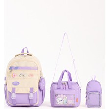 Roxbros Kore Tarzı Aksesuarlı 3'lü Kız Çocuk Okul Çantası & Beslenme ve Kalemlikli Ilkokul Sırt Çantası