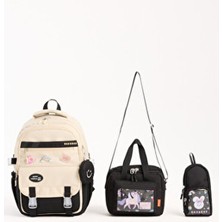 Kore Tarzı Aksesuarlı 3'lü Kız Çocuk Okul Çantası & Beslenme ve Kalemlikli Ilkokul Sırt Çantası