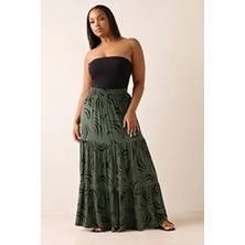 Stil Diva Büyük Beden Beli Lastikli Etek Uzun Dokuma Kumaş Çiçek Desenli 100 cm Yeşil