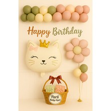 Kedi Temalı Doğum Günü Süs Seti | Çiçekli Pembe Küf Yeşili Konsept Parti