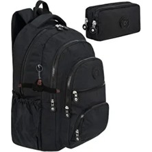 2'li Set Lüx Krinkıl Kumaş Lise ve Ortaokul Sırt Çantası + Kalemlik, Maymun Anahtarlık Hediyeli