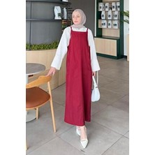 Lamelif Gabardin Tesettür Jile Bordo Pamuk - Polyester Malzemeden Düz Desenli Kadın Askılı Günlük Stil