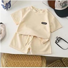 nevrankids Waffle Fashıon Yazlık Unisex Şortlu Takım 6 Ay - 3 Yaş Açık Bej Aşk Temalı