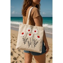 Plaj & Günlük Kullanım Punch Nakışlı Fermuarlı Keten Çanta 1 Adet 42X34CM Askı 26CM