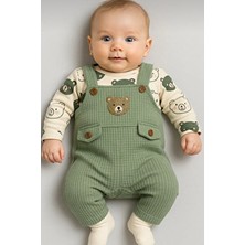 Erkek Bebek Takım Ayıcık Desenli Nakış Işlemeli Tulum-Zıbın-Çorap 3'lü Set %100 Pamuklu