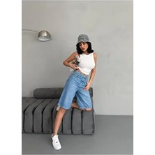 Kadın Midi Boy Orta Mavi Kot Bermuda Şort