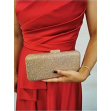 Kadın Exclusive Lüks Taşlı Altın Abiye Clutch Zincir Askılı El Düğün Nişan Gece Çantası