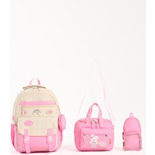 Kore Tarzı Aksesuarlı 3'lü Kız Çocuk Okul Çantası & Beslenme ve Kalemlikli Ilkokul Sırt Çantası