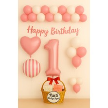 Pembe 1 Yaş Doğum Günü Balon Seti | Kalp Çizgili Folyo Happy Birthday