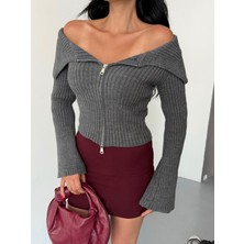 Bejna Kadın Çift Fermuarlı Madonna Yaka Fitilli Triko Hırka